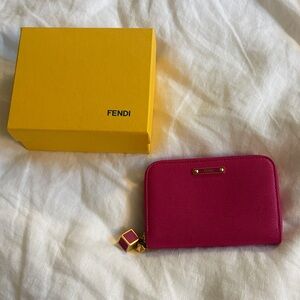 Fendi Hot Pink Zip-Around Leather Wallet with Gold Hardware